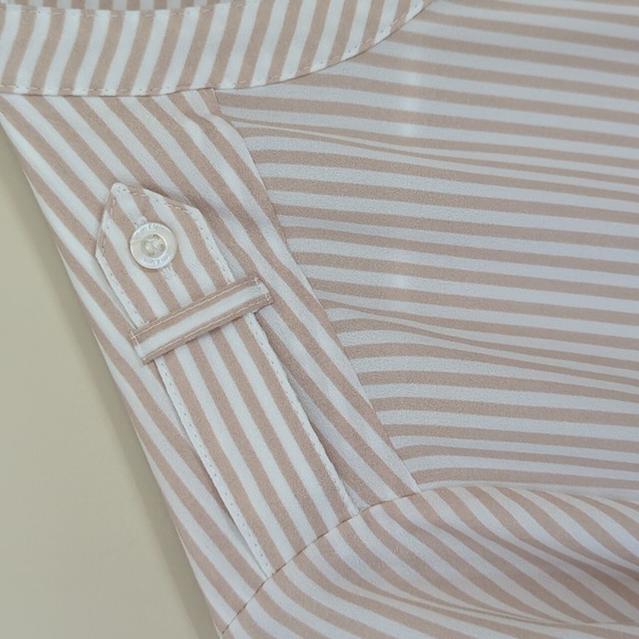 Calvin Klein Striped Button Tab Button Up Semi-Sheer Blouse MEDIUM White Tan - Picture 9 of 15